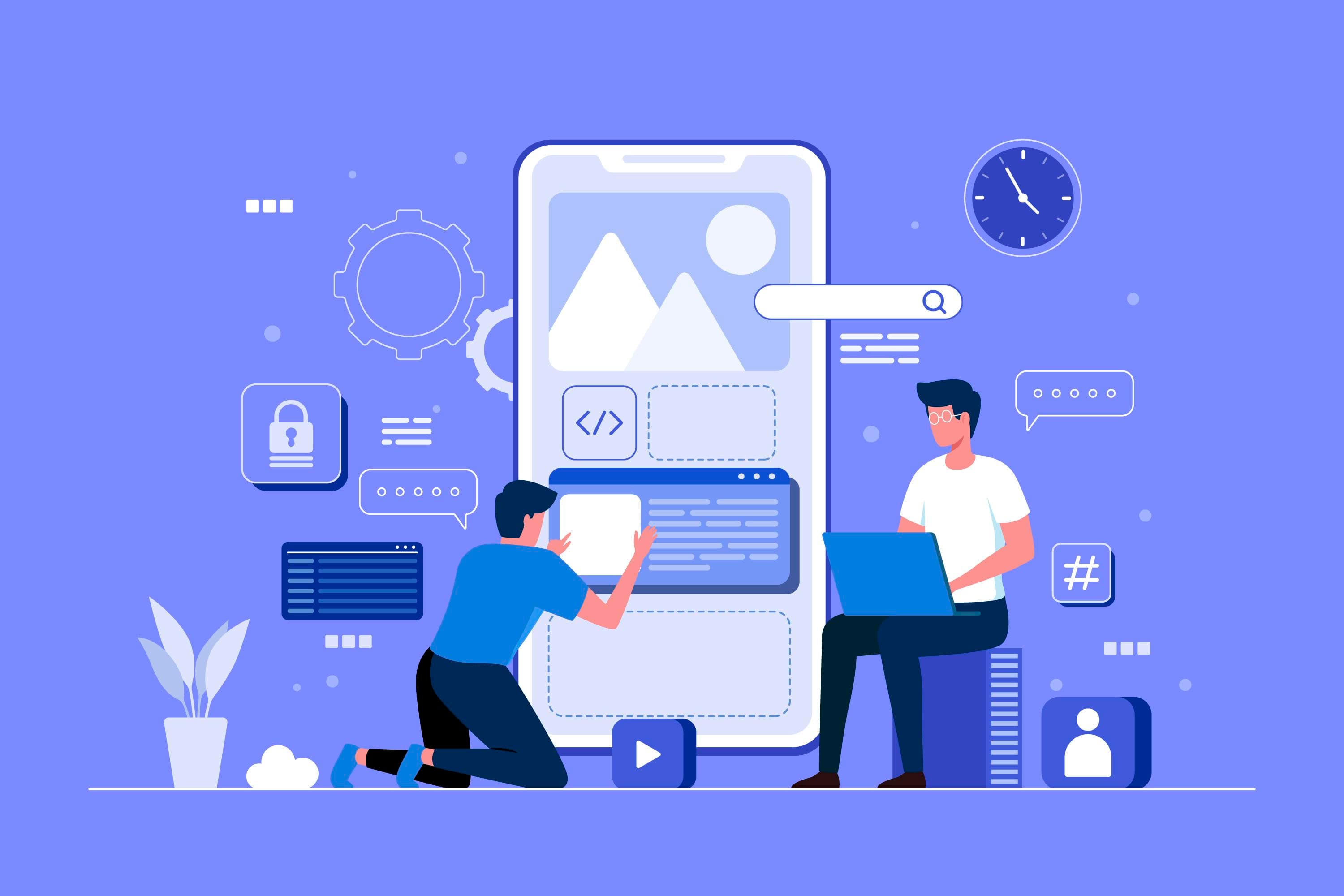 Developer workspace illustration showing collaborative frontend development